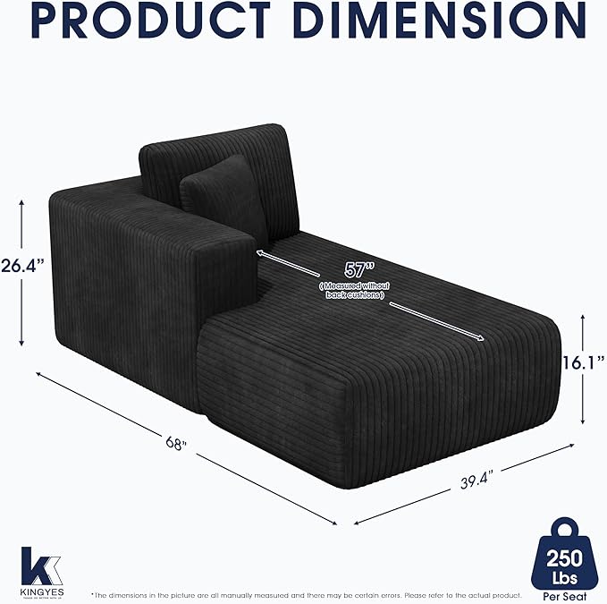 KINGYES Boneless Chaise Lounge Chair for Modular Sectional Sofa L Shape Corduroy Upholstered Chaise Lounge for Living Room Black