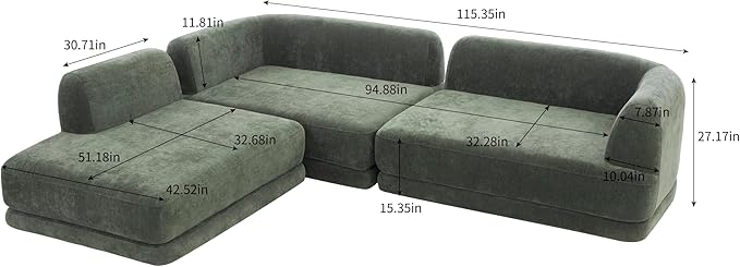 Merax 115 Modern L-Shaped Sectional Sofa with High-Density Fully Compressed Sponge and Chaise Lounge Deep Seating 3-Piece Set Fully Assembled Right Hand Facing for Living Room Lounge Green
