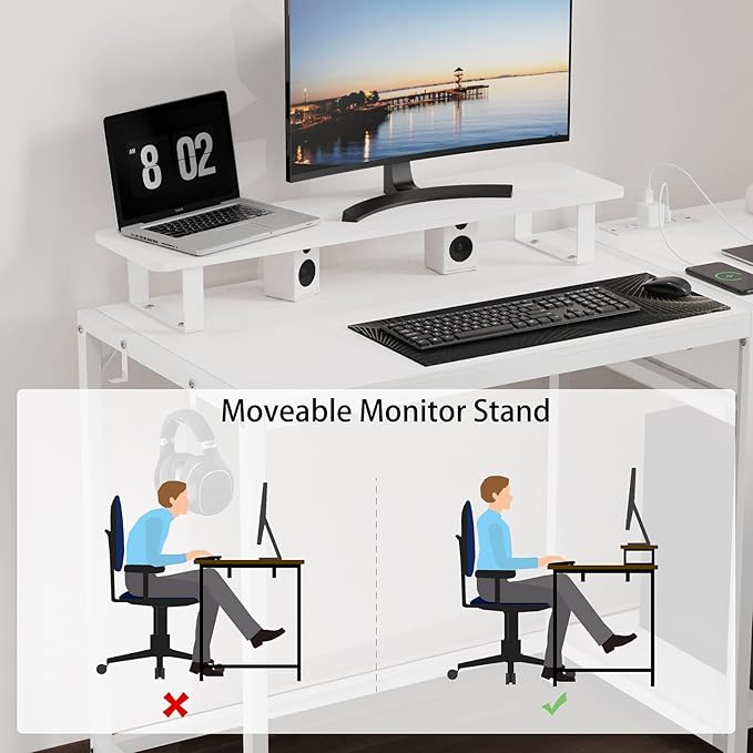 Lkeiyay White Gaming Desk with Led Lights &amp Power Outlet 48 inch Computer Desk with Wooden Drawers Monitor Stand &amp Headphone HookHome Office Desk