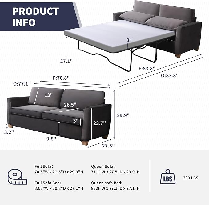 ijuicy Full Size Pull Out Couch Pull Out Sofa Bed with Foam Mattress Velvet Sofa with Pull Out Bed 2-in-1 Sleeper Couch Bed for Living Room Apartment Small Spaces (Dark Grey)