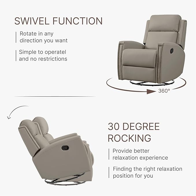 Recliner Chair Leather Swivel Rocker Reclining Sofa for Adults Manual Single Sofa with Rivet Decoration for Living Room Bedroom
