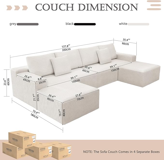 137.8 Cloud Couch Sectional Modular Sofa with 2 Ottoman Corduroy U Shaped Boneless Sofas Couch in a Box No Assembly Required White Couches for Living Room