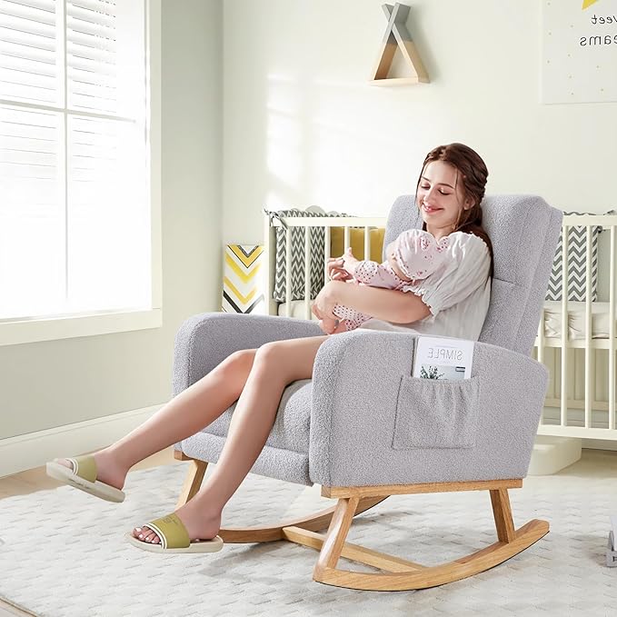 Rocking Chair Nursery with Foot Rest Teddy Nursing Rocking Chairs for Mom Nursery Rocker Glider Chair with Footrest for Living Room Bedroom Light Gray