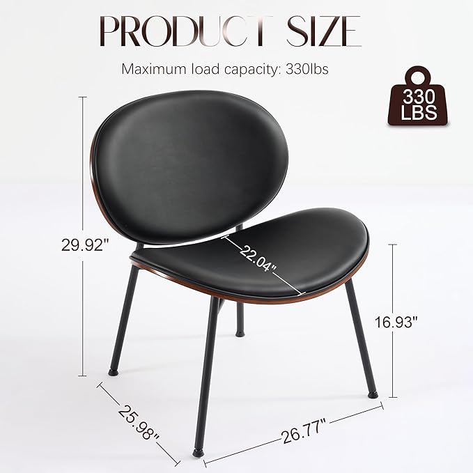 Mid-Century Modern Accent Chair Black PU Leather Lounge Chair with Walnut Wood Finish Curved Back Side Chair for Living Room Bedroom Reading Nook Office (Black + PU Set of 2)