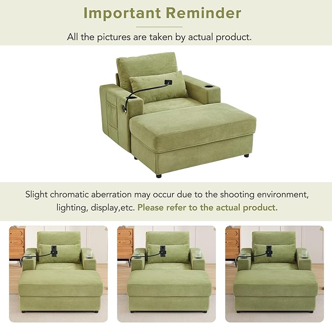 42.5 Oversized Armchair with Ottoman Storage Overstuffed Chair and a Half with Cup Holders &amp USB Port Chenille Accent Chairs for Bedroom Living Room Reading Phone Holder Side Pocket (Green)