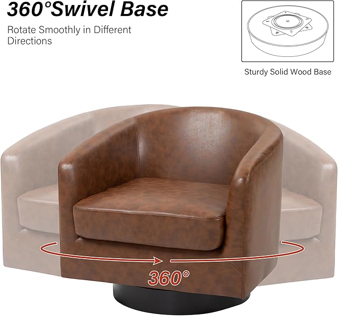 Swivel Barrel Chair Modern Round PU Leather Accent Armchair for Living Room Bedroom Oversized Comfy Club Reading Chairs for Adults (Leather Coffee Set of 1)