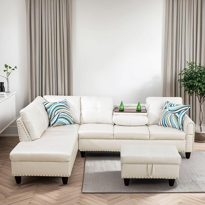 L Shaped Couches for Living Room Sectional Couch Living Room Furniture with Storage Ottoman Modular Sectional Sofa with Movable Chaise for Apartment Office White