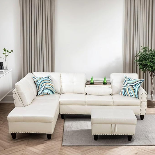 L Shaped Couches for Living Room Sectional Couch Living Room Furniture with Storage Ottoman Modular Sectional Sofa with Movable Chaise for Apartment Office White