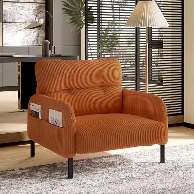 26 Modern Single Couch Sofa Corduroy Fabric Armchair Upholstered Sofa Single Sofa Chairs for Small Space Living Room Bedroom Apartment Orange