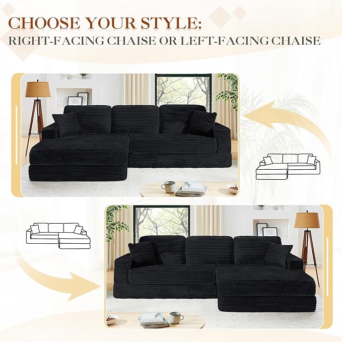 112.6 Oversized Fold Out Couch Bed King 3 in 1 Convertible Modern L Shape Cloud Modular Sectional Comfy Boneless Foam Couch Futon for Living Room No Assembly(Black CorduroyRight Facing Chaise)