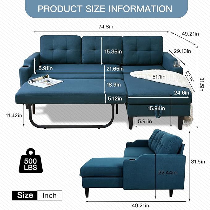 Convertible l Shape Sleeper Sofa Pull-Out Couch Bed with Storage Chaise Linen Upholstered Sectional Corner Apartment Couch with Side Pocket and Cup Holder Removable Backrest (Blue)