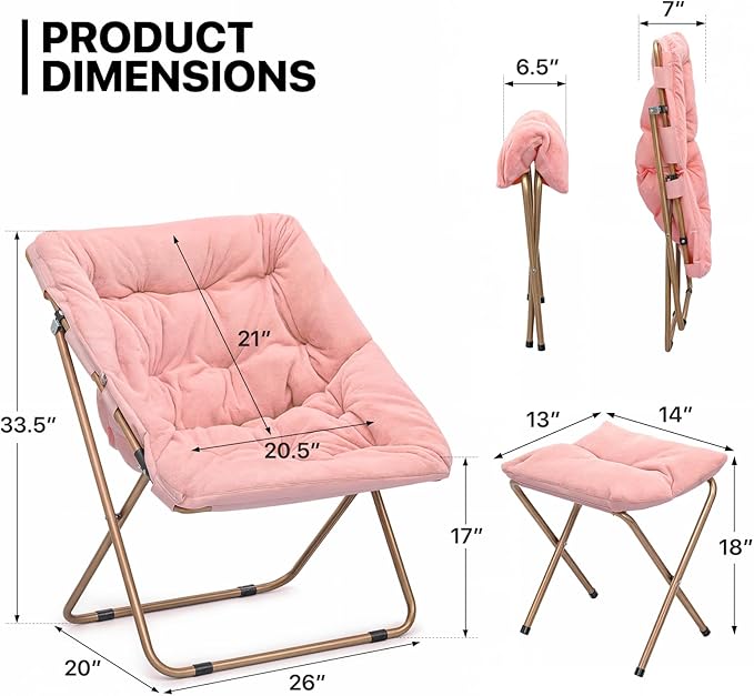 MoNiBloom Square Folding Faux Fur Saucer Chair for Bedroom Living Room Dorm Foldable Metal Frame Oversized Large Comfy Furry Padded Soft Cozy Moon Chair with Footrest Ottoman for Adults (Pink 2 Set)