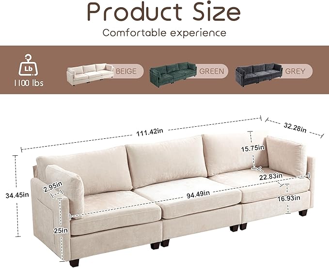 111 Sofas for Living Room 3 Seater Couch with 2 Pillows Modern Comfy Chenille Couches with Storage Bag Deep Seat Sofa for Apartment Small Space Beige