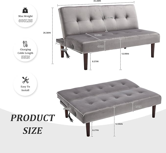 Anwick Convertible Futon Sofa Bed with Charging Port 45″ Folding Sleeper Sofa Adjustable Backrest Small Couch for Living Room Small Spaces Or Office Modern Loveseat (Gray)