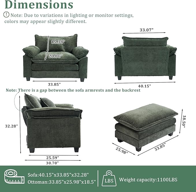 Oversized Accent Chair with OttomanOversize Chair Chenille Sofa with ArmrestsComfy Living Room Sofa with Deep Seat &amp PillowsOversized Reading Accent Chairs Couch Lounge for BedroomGreen