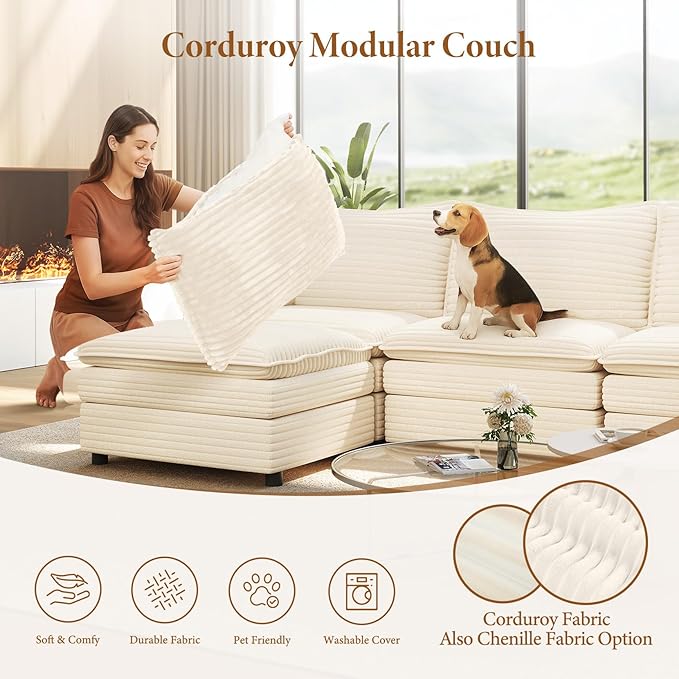 Vesgantti 142 U Shaped Sectional Couch Comfy Cloud Modular Sectional Sofa with 2 Ottoman Deep Seat Corduroy Modern Cloud Sofa Modular Sofas for Living Room Bedroom and Apartment Beige
