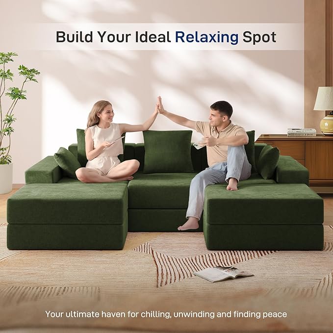 Living&ampGiving 101 U-Shaped Cloud Sectional Couch for Living Room Cloud Boneless Couch-No Assembly with Reversible Chaise Customizable 3-Seat Modular Sectional Sofa with 2 Ottoman Green