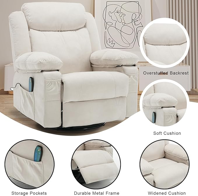 Swivel Rocker Massage Recliner Chair with Heat Overstuffed Fabric Rocking Recliners Single Sofa for Adult Manual Reclining Recliners Home Theater Lounge Chairs for Living RoomWhite