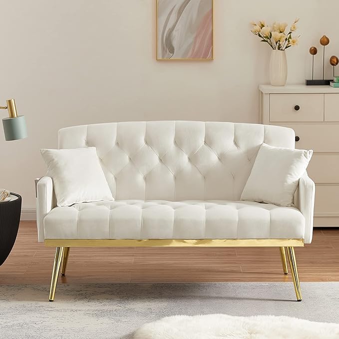 Antetek Upholstered Velvet Loveseat Sofa Modern Small Couch with Side Pocket and Golden Metal Legs Tufted Leisure Sofa for Living Room Bedroom Office Small Space Light Beige