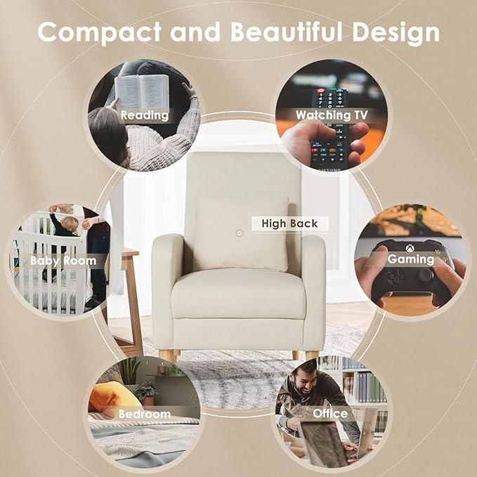 COLAMY Mid-Century Modern Upholstered Accent Chair with Back Pillow &amp Solid Wood Legs Fabric Cozy Armchair for Living Room Bedroom Reading Nook Apartment &amp Small Spaces Beige