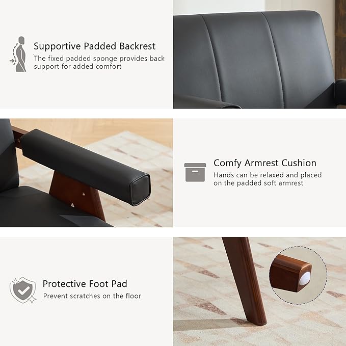 AODAILIHB Black Leather Accent ChairMid Century Modern Accent Chair Solid Wood Frame Black Leather Armchair Modern Reading &amp Living Room Chair for Office Guest &amp Waiting Room