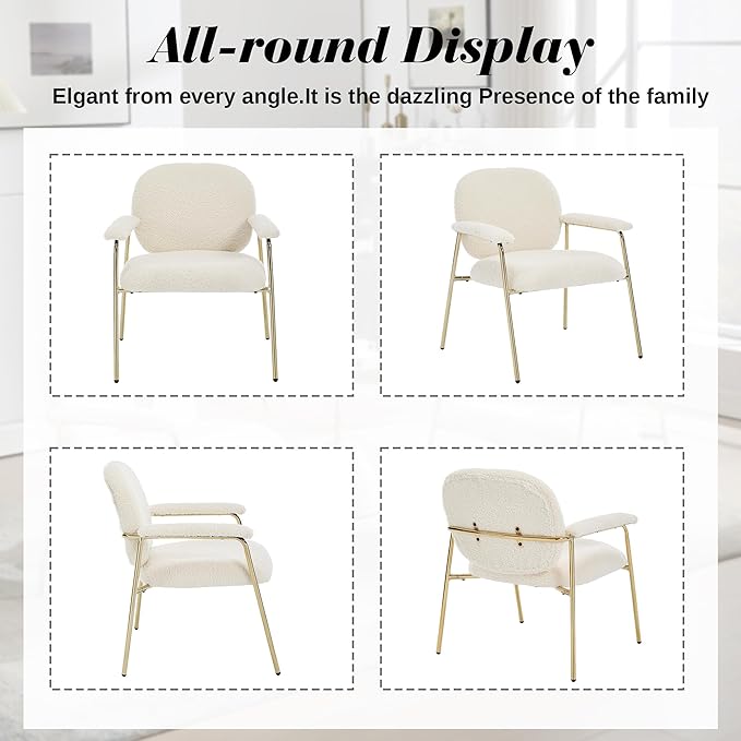 Accent Chair Set of 2 Sherpa Upholstered Armchair Reading Side Chair Comfy Living Room Chair with Gold Metal Legs for Bedroom Waiting Room Beige
