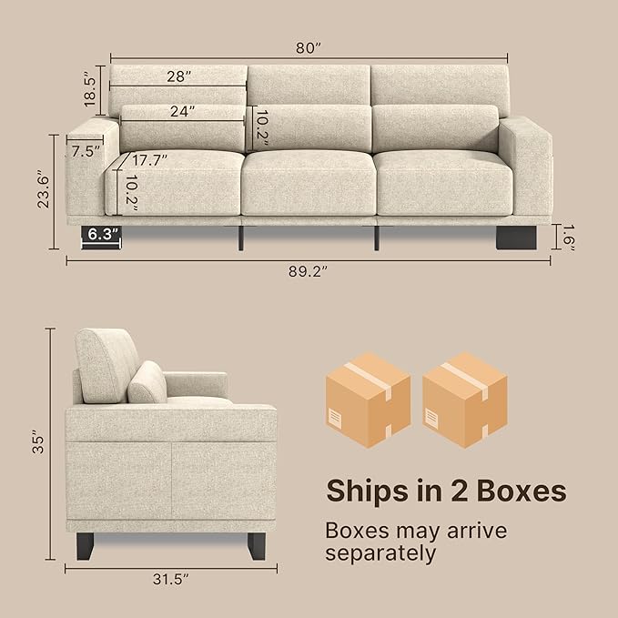 Gizoon 89 Inch Modern Sofa 3-Seater Chenille Couch with Wide Armrests &amp Deep Cushions for Living Room Bedroom and Apartment Beige
