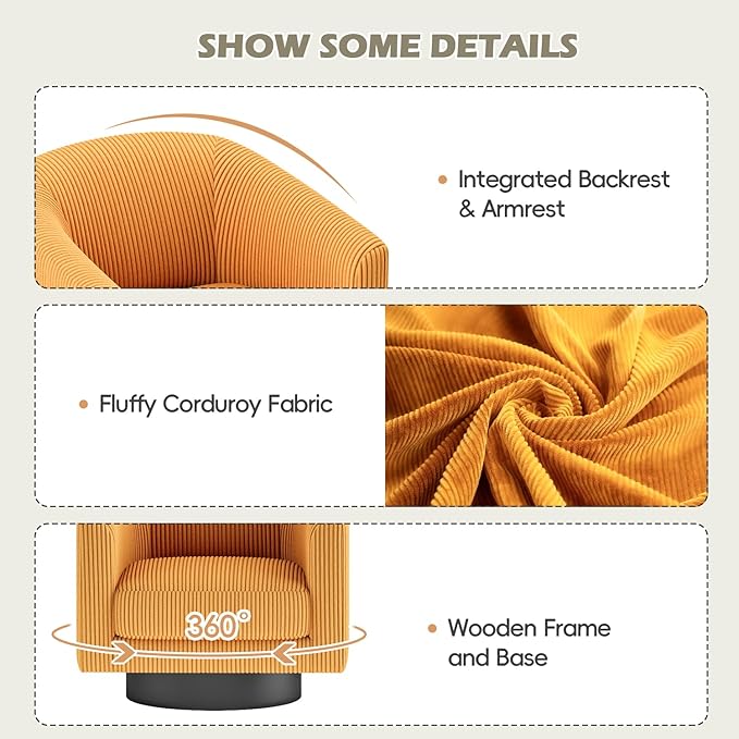 360° Swivel Accent Chairs Set of 2 Modern Bucket Chair Corduroy Barrel Armchair Comfy Boucle Chair Single Sofa for Living Room Bedroom. Orange