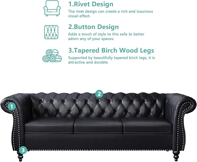 Home Sofa Living Room Furniture 3 Seater Leather Upholstered Sofa Couch Modern Comfy Couch with Faux Leather Cushions Mid Century Tufted Chesterfield Sofas for Bedroom Office Apartment (Black)