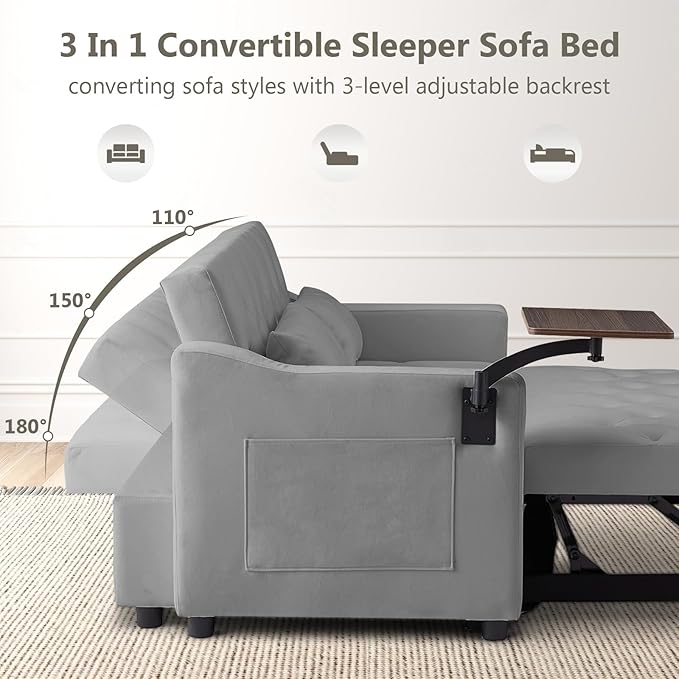 3 in 1 Loveseat Sleeper Adjustable Backrest Convertible Sofa Bed Small Pull Out Couch with 360° Rotating Side Table for Living Room Apartment Bedroom Grey