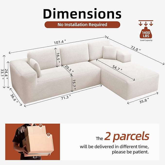 107 Cloud Sectional Couch with Chaise L Shaped Boneless Couch with Deep Seat 3 Seater Corduroy Modular Sectional Sofa for Living Room No Assembly Required （Right Facing Chaise Cream Beige）