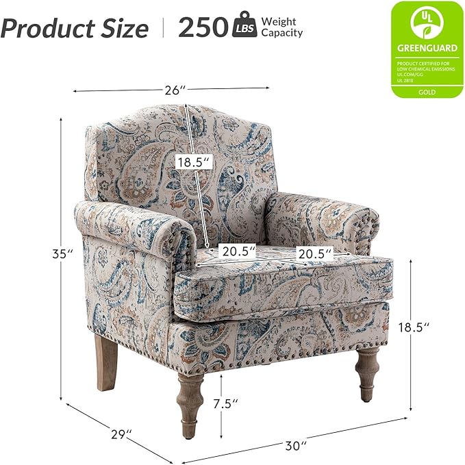 HULALA HOME Accent Armchair with Print Floral Pattern Comfy Upholstered Living Room Accent Chair with Retro Wooden Legs &amp Nailhead Trim Fabric Sofa Chair Reading Chair for Bedroom Office Paisle