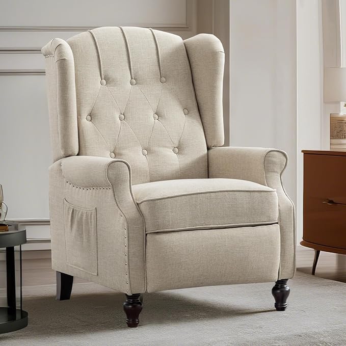 MANBUR Wingback Pushback Recliner Chair Upholstered Tufted Recliner with Massage and Heat Tufted Armchair Single Sofa Reclining Sofa for Living Room Bedroom or Club (Beige)