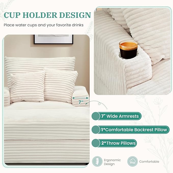 Chaise Lounge Chair Indoor 39 W Plush Corduroy Oversized Chair with Ottoman Upholstered Cozy Chaise with Cup Holder Modern Deep Seat Comfy Sofa Armchair for Living Room Bedroom(White)