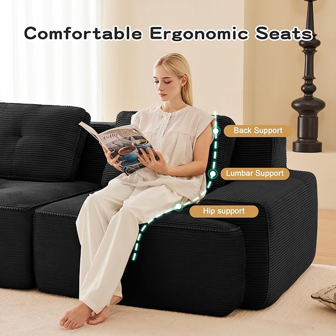 150 Modern Black Corduroy Boneless Sofa Set 4 Seater Modular Sectional Couches for Living Room Compressed Memory Foam Cloud Couch Deep Seat No Assembly Sofas para Sala