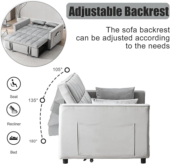 Velvet 3-in-1 Convertible Sofa Bed - USB Charging Port Adjustable Backrest Loveseat Sleeper for Small Space Apartment Versatile Futon Pull Out Couch for Living RoomGray