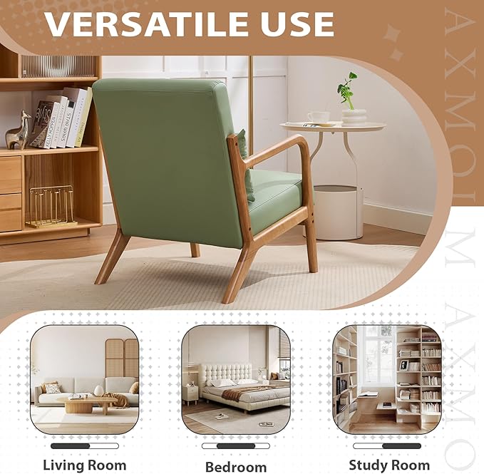 Mid Century Modern Accent Chair Arm Chair Living Room Chairs with Lumbar Pillow Upholstered Reading Chair with Solid Wood Frame &amp Cat-Scratch Leather for Living Room Bedroom