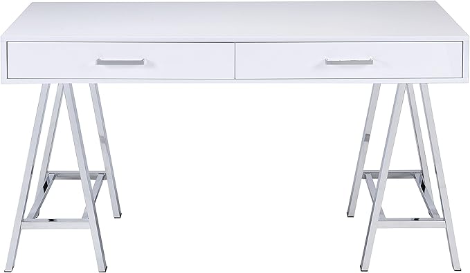 White High-Gloss Writing Desk with USB Port &amp Chrome Accents - Modern Home Office Desk