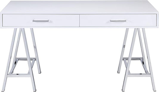 White High-Gloss Writing Desk with USB Port &amp Chrome Accents - Modern Home Office Desk