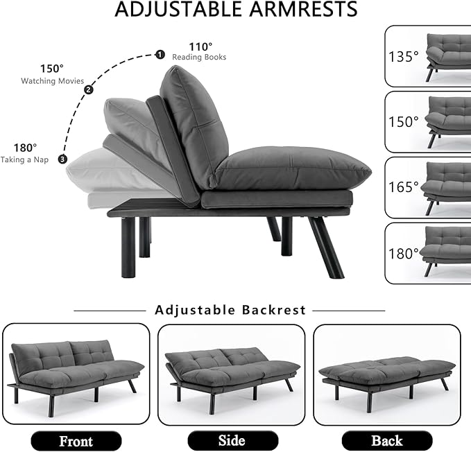 KINFFICT Convertible Futon Sofa Couch Bed Modern Memory Foam Sleeper Loveseat Sofa with Adjustable Armrests &amp Backrests Comfy Love Seat for Living Room Bedroom Office Apartment Small Space