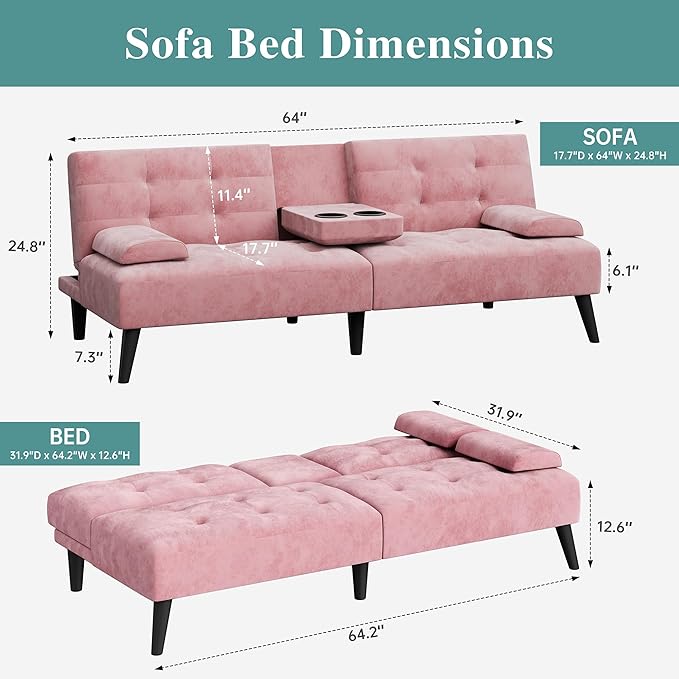 Meilocar Futon Sofa Bed Modern Convertible Sofa Couch Recliner 64 in Adjustable Sofa Bed for Living Room Removable Armrest Pillow 2 Cup Holders 3 Angles Back 5.3FT Pink