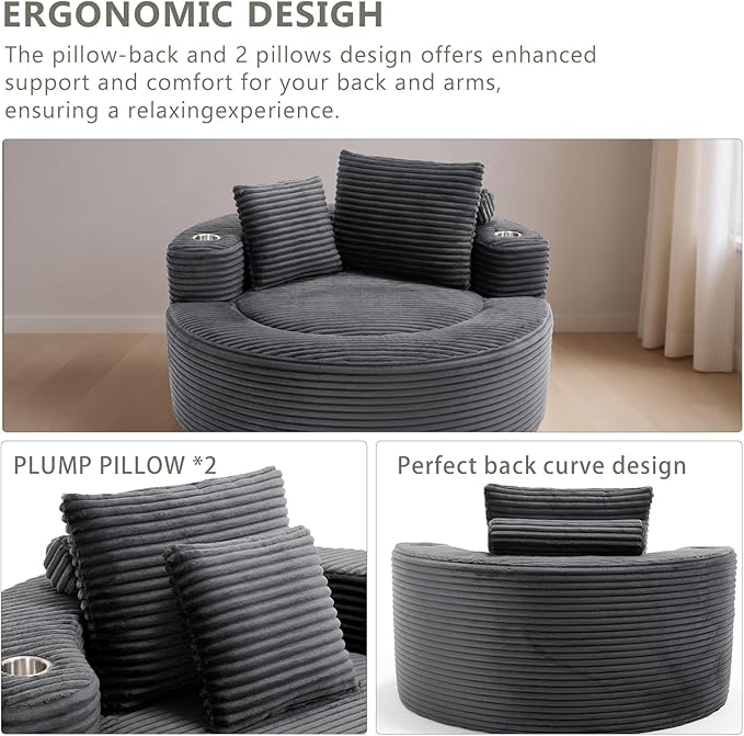 55 Oversized Round Boneless Couch Sofa Velvet Memory Foam Cloud Couches Lounge Chair Comfy Fluffy Single Sofa with 3 Pillows for Living Room Bedroom No Assembly Required (Grey +Velvet)