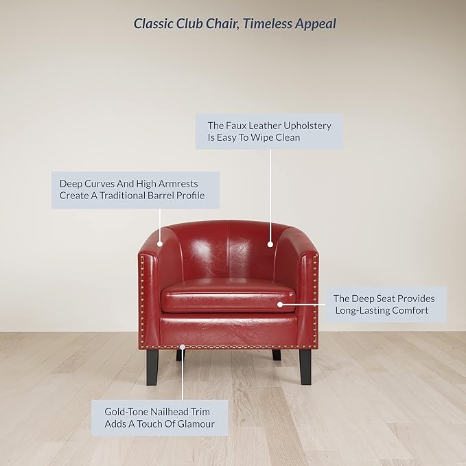 BELLEZE Accent Barrel Chair Modern Tub Club Chair Upholstered Armchair for Living Room Faux Leather Chair with Gold Nail Head Trim Black Legs - Kyara (Red)