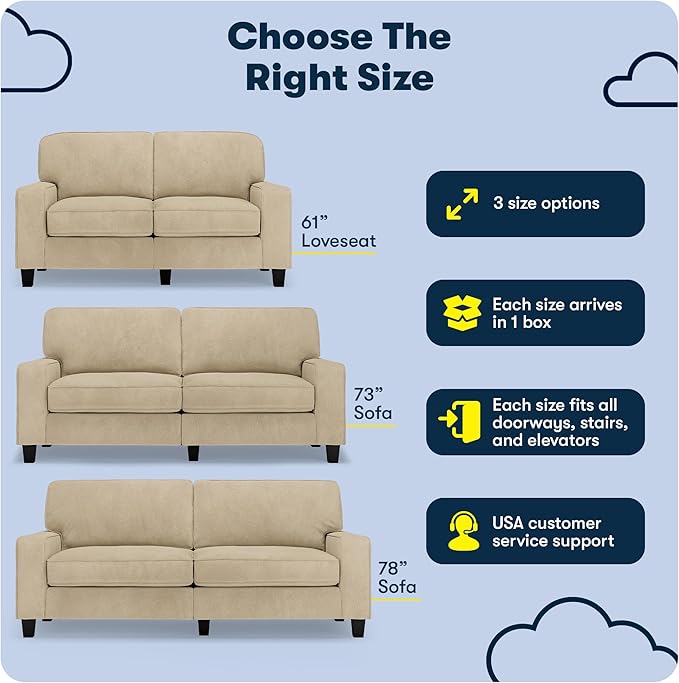 Serta Palisades 73 Track Arm Sofa Easy Care Polyester Soft Pillow Back Pocket Coil Seat Cushions Removable Covers Loveseat or Couch for Small Spaces Living Rooms or Bedrooms Sand Beige