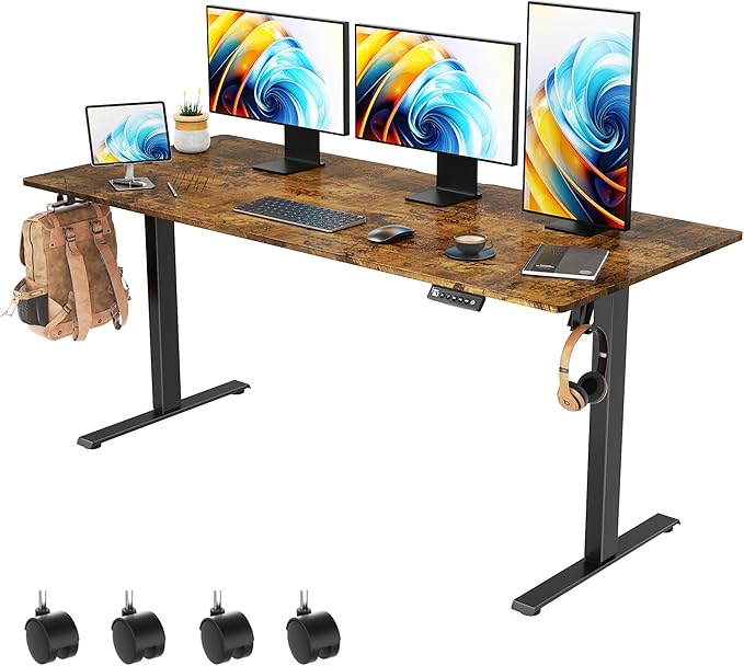 63 x 28 inch Electric Standing Desk Adjustable Height with 4 Wheels 4 Memory Height Settings 2 Headphone Hook for Home Office Splice Board Brown
