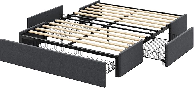 Allewie Full Size Platform Bed Frame with 3 Storage Drawers Fabric Upholstered Wooden Slats Support No Box Spring Needed Noise Free Easy Assembly Dark Grey