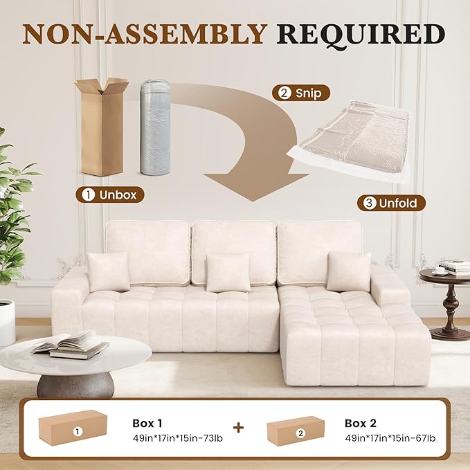 108'' Modular Sectional Sofa with Chaise Lounge L Shape Faux Leather Cloud Boneless Couch 3 Seater Deep Seat and 3 pcs Back Cushions for Living Room Bedroom(Right Facing)