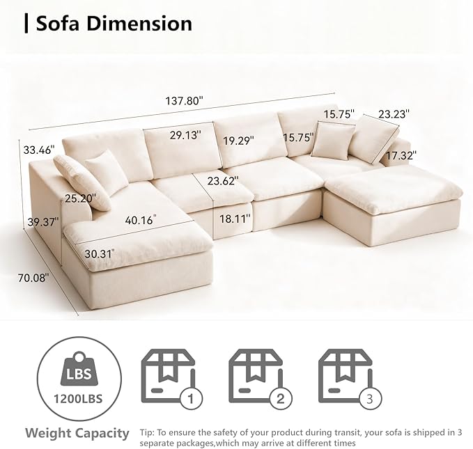 U Shaped Sectional Couch with Movable Ottoman 137.8 Inch Modular Sectional Sofa with Comfy Deep Seat 4-Seater Convertible Boneless Couches for Living Room Warm White