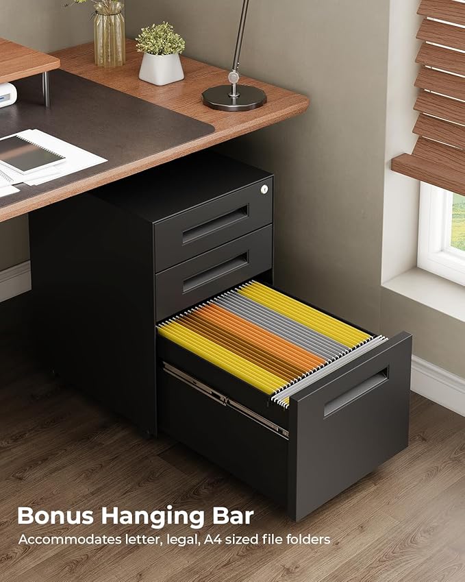 Dripex 3 Drawer File Cabinet Mobile File Cabinet with Lock on Wheels Letter/Legal Size Fully Assembled Modern Small Short Vertical Metal Rolling Filing Cabinets Under Desk for Home Office (Black)