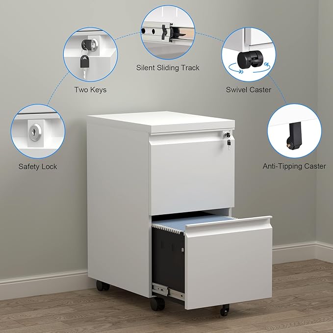 2 Drawer File Cabinet with Lock Metal Mobile Filing Cabinet on Wheels Compact Desk Side Storage Cabinet for Home Office Letter/Legal/A4 File Organizer with Anti-Tip Wheel (White)